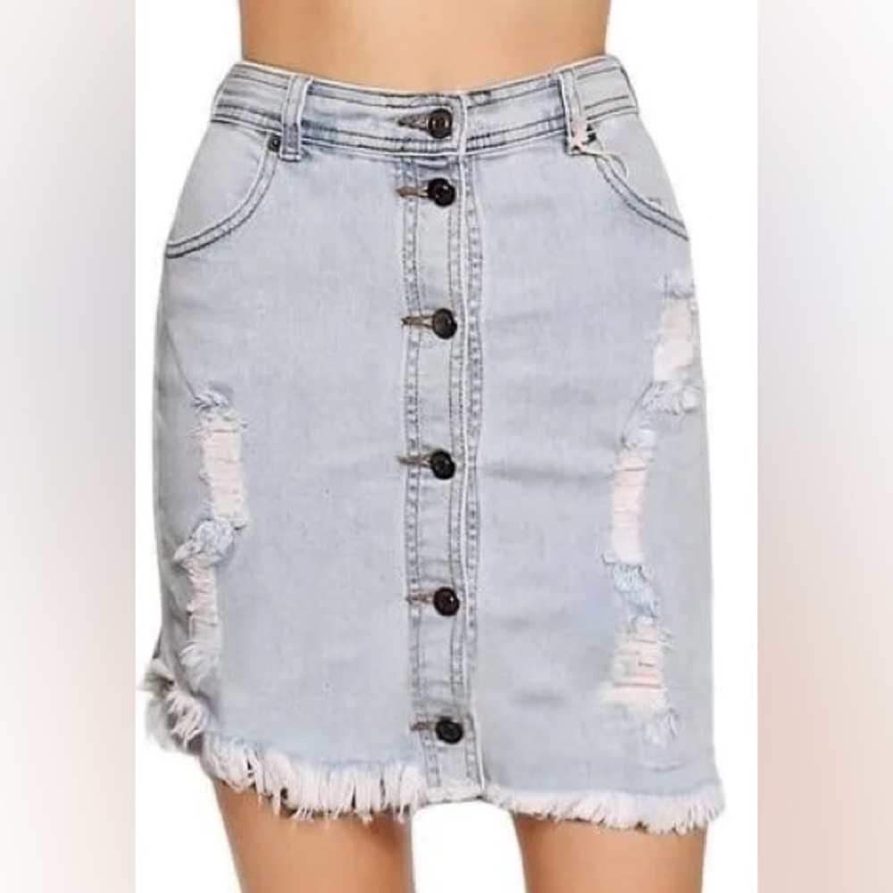 319. Vintage Havana Distressed Raw Hem Button Front Denim Mini Skirt - Size S